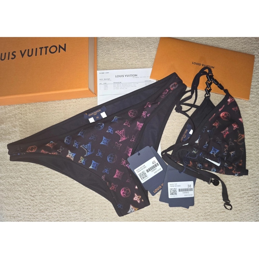 NWT Louis Vuitton Black Bikini Set with Multicolor Monogram Print